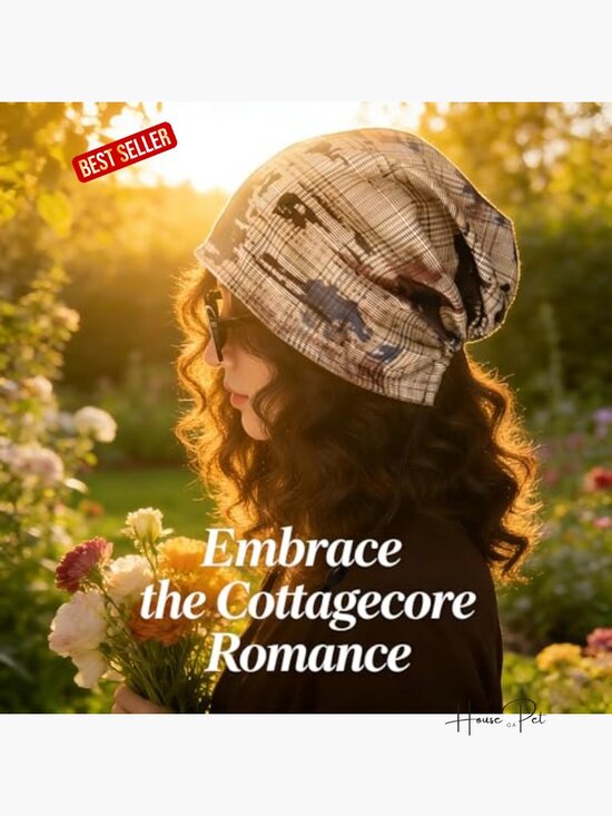 Patchwork Graffiti Print Cotton Slouchy Beanie with Ties, Cottagecore Gardening main image 4